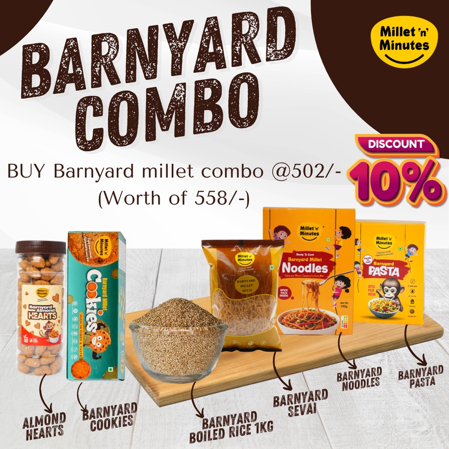 Barnyard combo - BUY Barnyard  combo(Noodles,Pasta,Sevai,Rice 1kg,cookies,Almond hearts) @502/-(Worth of 558/-)