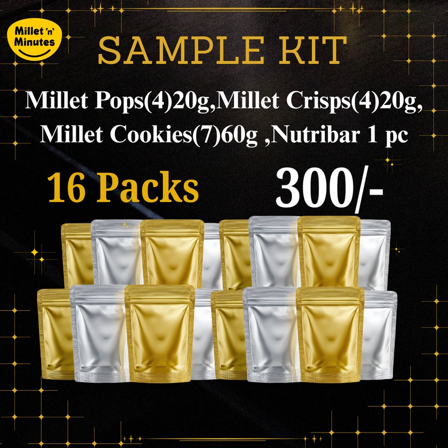 Sample Kit - Millet Pops(4)20g,Millet Crisps(4)20g, Millet Cookies(7)60g ,Nutribar 1 pc